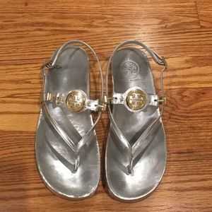 Tory Burch 6 1/2 sandals-Silver w/gold emblem.